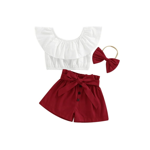 Bagilaanoe 3pcs Toddler Baby Girl Short Pants Set Sleeveless Flounced T Shirt Tops + Shorts with Belt + Headband 12M 18M 24M 3T 4T Kids Casual Summer Outfits