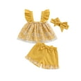 thumbnail image 1 of Bagilaanoe 3pcs Toddler Baby Girl Shorts Set Fly Sleeve Floral Print A-Line Tops + Shorts + Headband 6M 12M 18M 24M 3T 4T Kids Casual Summer Clothes, 1 of 7