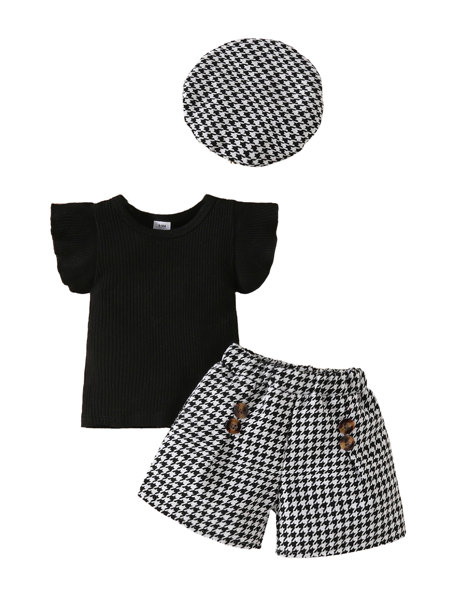 Bagilaanoe 3pcs Toddler Baby Girl Shorts Set Ruffle Sleeve Ribbed Tops + Shorts + Hat 6M 9M 12M 18M 24M 3T Kids Casual Summer Clothes