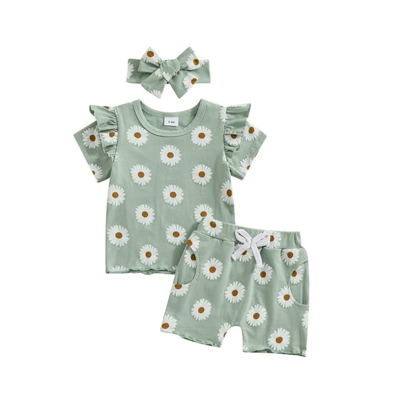 Bagilaanoe 3pcs Toddler Baby Girl Shorts Set Short Sleeve Floral Print T Shirt Tops   Shorts   Headband 6M 12M 18M 24M 3T Kids Casual Summer Clothes