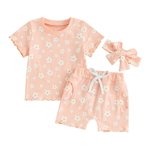 Bagilaanoe 3pcs Toddler Baby Girl Shorts Set Short Sleeve Floral Print T Shirt Tops   Shorts   Headband 6M 12M 18M 24M 3T Kids Casual Summer Clothes