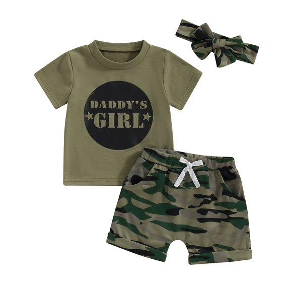 Bagilaanoe 3pcs Toddler Baby Girl Shorts Set Short Sleeve Letter Print T Shirt Tops + Camouflage Shorts + Headband 3M 6M 12M 18M 24M 3T 4T 5T Kids Casual Summer Clothes