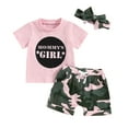 thumbnail image 1 of Bagilaanoe 3pcs Toddler Baby Girl Shorts Set Short Sleeve Letter Print T Shirt Tops + Camouflage Shorts + Headband 3M 6M 12M 18M 24M 3T 4T 5T Kids Casual Summer Clothes, 1 of 8
