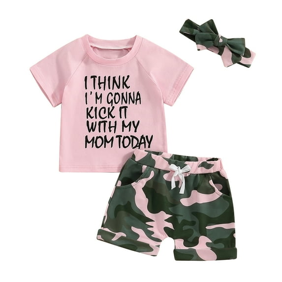 Bagilaanoe 3pcs Toddler Baby Girl Shorts Set Short Sleeve Letter Print T Shirt Tops + Camouflage Shorts + Headband 6M 12M 18M 24M 3T 4T Kids Casual Summer Clothes