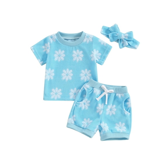 Bagilaanoe 3pcs Toddler Baby Girl Shorts Set Short Sleeve Print T Shirt Tops + Shorts + Headband 6M 12M 18M 24M 3T Kids Casual Summer Clothes