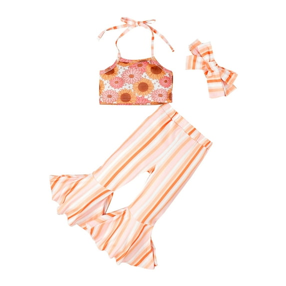 Bagilaanoe 3pcs Toddler Baby Girls Long Pants Set Floral Print Sleeveless Vest Tops + Striped Flared Trousers + Headband 6M 12M 18M 24M 3T 4T Kids Casual Outfits