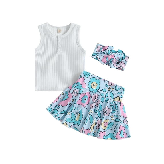 Bagilaanoe 3pcs Toddler Baby Girls Short Pants Set Sleeveless Tank Tops + Floral Skorts + Headband 12M 18M 24M 3T 4T 5T Kids Casual Summer Outfits