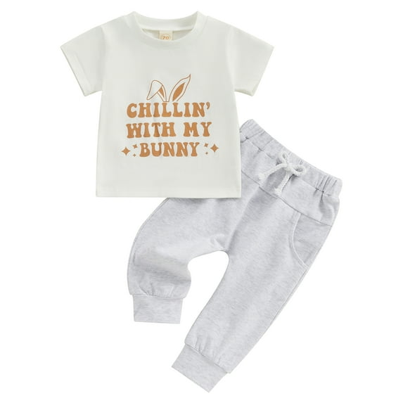 Bagilaanoe 3pcs Toddler Easter Outfits Baby Boys Pants Set Letters Print Short Sleeve T-shirt Tops + Sweatpants 3M 6M 12M 18M 24M 3T Kids Casual Clothes