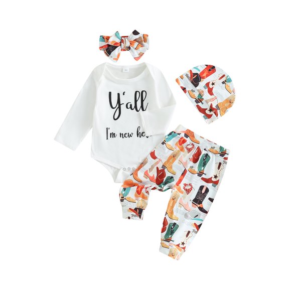 Bagilaanoe 4pcs Newborn Baby Boys Girls Clothing Sets Letter Long Sleeve Romper Tops + Pants + Hat + Headband 3M 6M 12M Infant Fall Casual Outfits