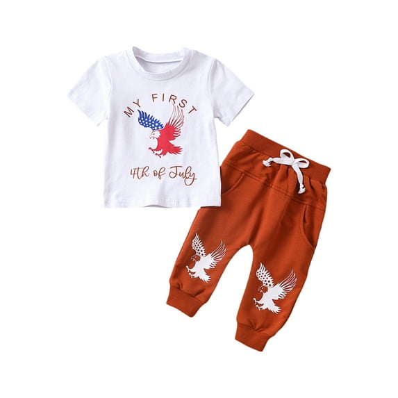 Bagilaanoe 4th of July Clothes for Newborn Baby Boys Short Sleeve Print T-shirt Tops + Jogger Trousers 3M 6M 9M 12M Infant Independence Day Outfits 2pcs Long Pants Set
