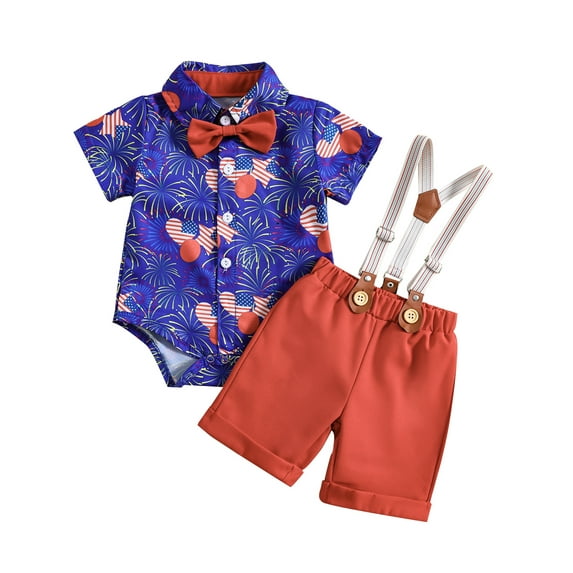 Bagilaanoe 4th of July Clothes for Newborn Baby Boys Short Sleeve Romper Shirt with Bow Tie + Suspender Short Pants 6M 12M 18M 24M Infant Independence Day Outfits 2pcs Overalls Shorts Set