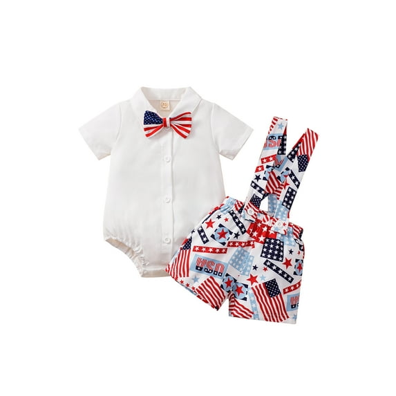 Bagilaanoe 4th of July Clothes for Newborn Baby Boys Short Sleeve Romper Shirts Tops with Bowtie + Flag Overalls Shorts 3M 6M 12M 18M Infant Independence Day 2pcs Gentleman Formal Outfits