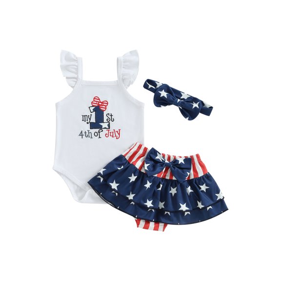 Bagilaanoe 4th of July Clothes for Newborn Baby Girl Letter Print Flying Sleeve Romper Tops   Skirt Shorts   Headband 3M 6M 9M 12M 18M Infant Independence Day Outfits 3pcs Short Pants Set