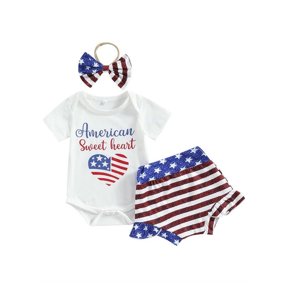 Bagilaanoe 4th of July Clothes for Newborn Baby Girl Short Sleeve Letter Print Romper Tops + Ruffle Shorts + Headband 3M 6M 12M 18M Infant Independence Day Outfits 3pcs Short Pants Set