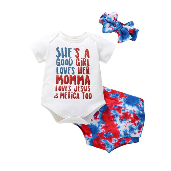 Bagilaanoe 4th of July Clothes for Newborn Baby Girl Short Sleeve Letter Print Romper Tops   Tie-Dye Shorts   Headband 3M 6M 12M 18M Infant Independence Day Outfits 3pcs Short Pants Set