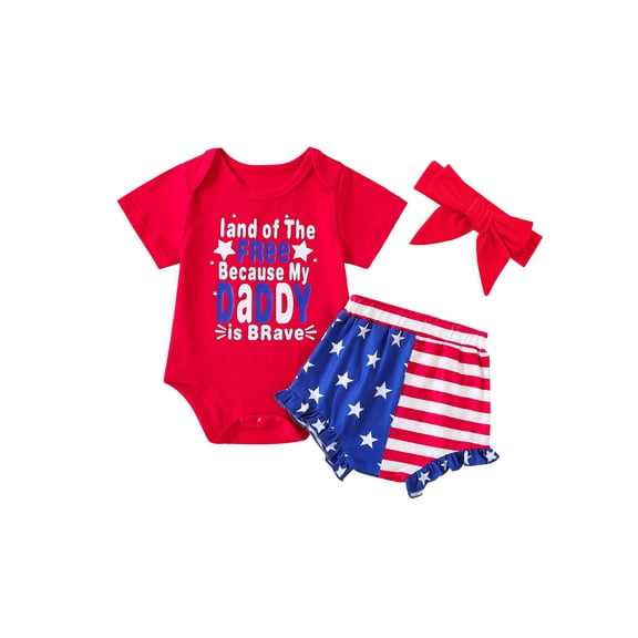 Bagilaanoe 4th of July Clothes for Newborn Baby Girls Short Sleeve Letter Print Romper Tops + Star Striped Shorts + Headband 3M 6M 12M 18M Infant Independence Day Outfits 3pcs Short Pants Set