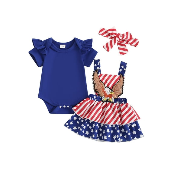 Bagilaanoe 4th of July Clothes for Newborn Baby Girls Short Sleeve Romper Tops   Suspender Skirt   Headband 3M 6M 12M 18M Infant 3pcs Independence Day Overalls Dress Set