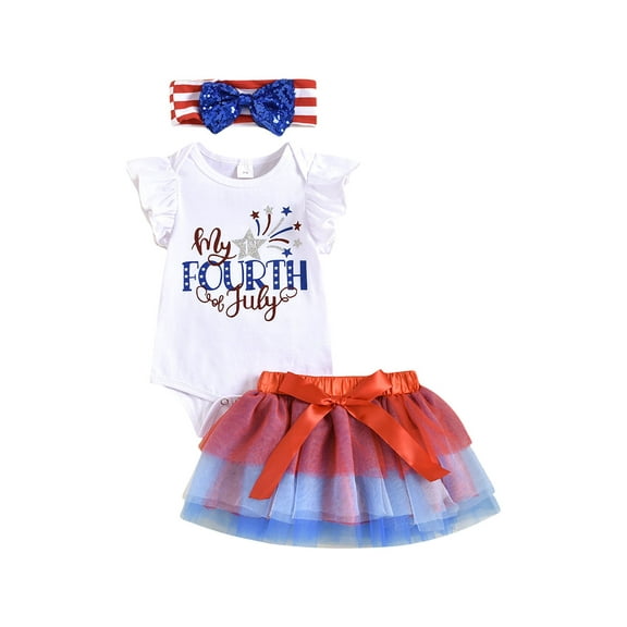 Bagilaanoe 4th of July Clothes for Newborn Baby Girls Star/Flag Print Fly Sleeve Romper Tops   Mesh Tutu Skirt   Headband 3M 6M 12M 18M Infant 3pcs Independence Day Skirt Set
