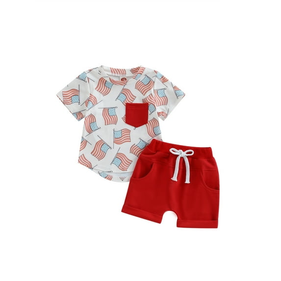 Bagilaanoe 4th of July Clothes for Toddler Baby Boys Flag Print Short Sleeve T-shirt Tops + Shorts 6M 12M 18M 24M 3T 4T Kids Independence Day Outfits 2pcs Short Pants Set
