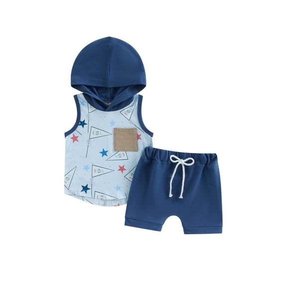 Bagilaanoe 4th of July Clothes for Toddler Baby Boys Flag Print Sleeveless Hoodie Tops   Shorts 6M 12M 18M 24M 3T 4T Kids Independence Day Outfits 2pcs Short Pants Set