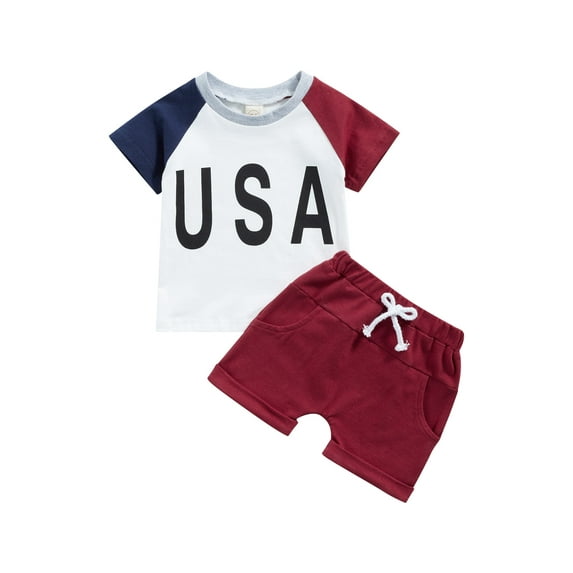 Bagilaanoe 4th of July Clothes for Toddler Baby Boys Girls Short Sleeve Letter Print T-Shirts Tops + Shorts 6M 12M 18M 24M 3T 4T Kids Independence Day Outfits 2pcs Short Pants Set