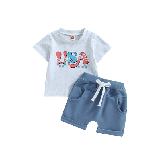 Bagilaanoe 4th of July Clothes for Toddler Baby Boys Letters Print Short Sleeve T-shirt Tops   Shorts 6M 12M 18M 24M 3T Kids Independence Day Outfits 2pcs Short Pants Set
