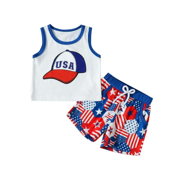 Bagilaanoe 4th of July Clothes for Toddler Baby Boys Print Sleeveless Tank Tops + Shorts 6M 12M 18M 24M 3T Kids Independence Day Outfits 2pcs Short Pants Set