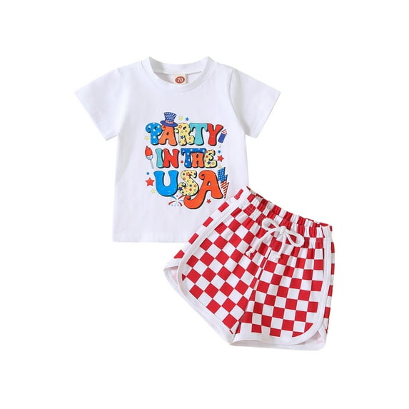 Bagilaanoe 4th of July Clothes for Toddler Baby Boys Short Sleeve Letter Print T-Shirts Tops + Checkerboard Shorts 6M 12M 18M 24M 3T 4T Kids Independence Day Outfits 2pcs Short Pants Set