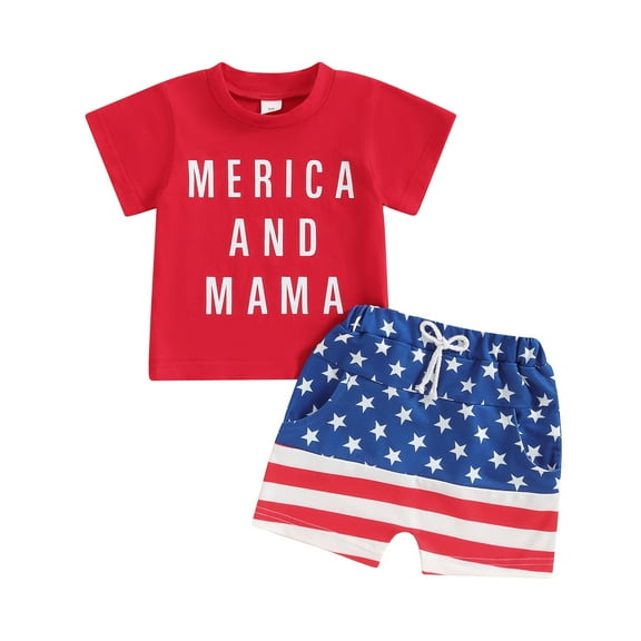 Bagilaanoe 4th of July Clothes for Toddler Baby Boys Short Sleeve Letter Print T-Shirts Tops + Star Shorts 6M 12M 18M 24M 3T Kids Independence Day Clothes 2pcs Short Pants Set