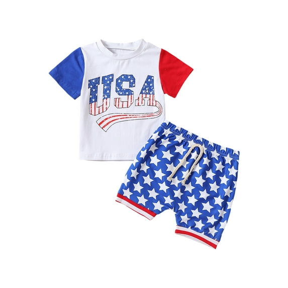 Bagilaanoe 4th of July Clothes for Toddler Baby Boys Short Sleeve Letter Print T-shirt Tops + Stars Shorts 6M 12M 18M 24M 3T Kids Independence Day Outfits 2pcs Short Pants Set