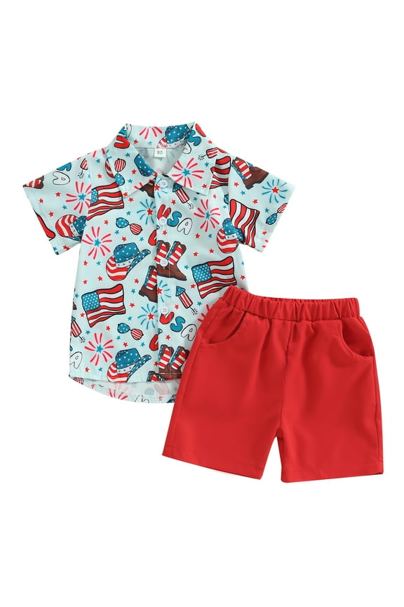 4th of July Clothes for Toddler Baby Boys Short Sleeve Print Shirts Tops + Shorts 18M 24M 3T 4T 5T 6T Kids Independence Day Outfits 2pcs Short Pants Set