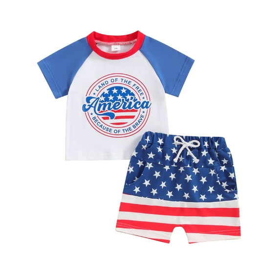 Bagilaanoe 4th of July Clothes for Toddler Baby Boys Short Sleeve Print T-Shirts Tops + Shorts 6M 12M 18M 24M 3T Kids Independence Day Clothes 2pcs Short Pants Set