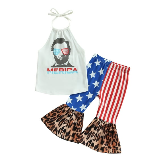 Bagilaanoe 4th of July Clothes for Toddler Baby Girl Letter Print Sleeveless Tank Tops + Stripe Leopard Flare Trousers + Headband 6M 12M 18M 24M 3T Kids Independence Day Outfits 3pcs Long Pants Set