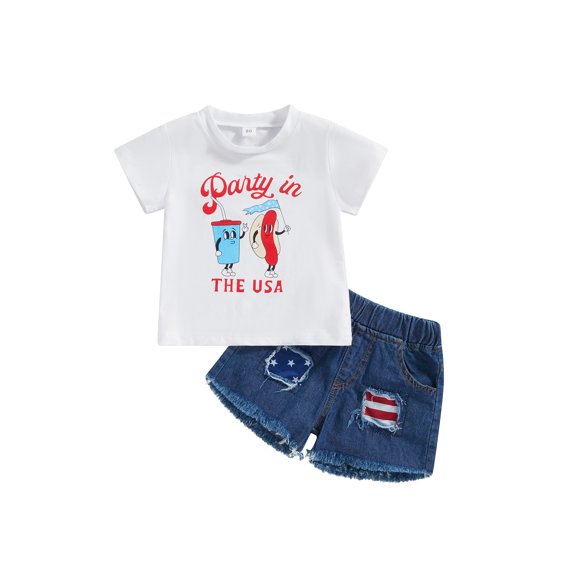 Bagilaanoe 4th of July Clothes for Toddler Baby Girl Short Sleeve Letter Print T-Shirts Tops   Stars Stripe Denim Shorts 6M 12M 2T 3T 4T 5T Kids Independence Day Outfits 2pcs Short Pants Set