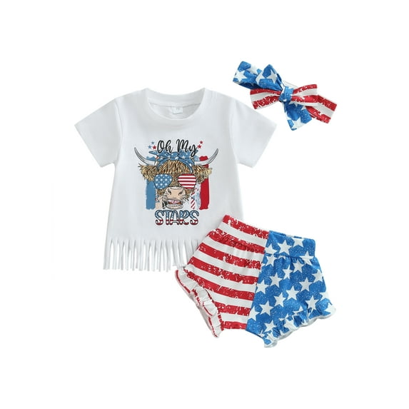 Bagilaanoe 4th of July Clothes for Toddler Baby Girl Short Sleeve Letter Print T-Shirts Tops + Stripes Shorts + Headband 6M 12M 18M 24M 3T Kids Independence Day Outfits 3pcs Short Pants Set