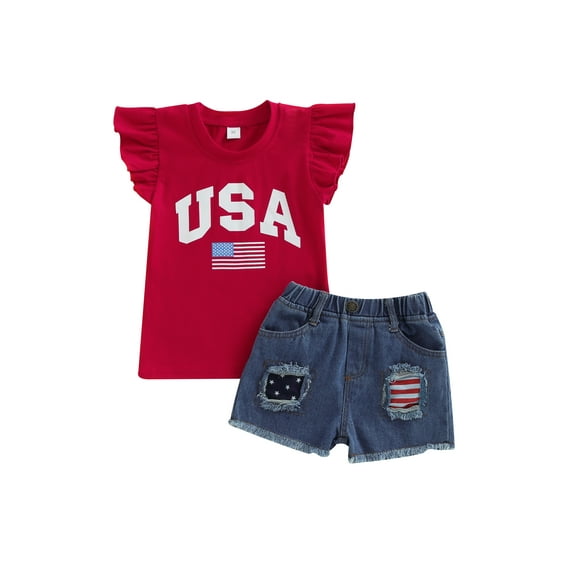 Bagilaanoe 4th of July Clothes for Toddler Baby Girls Fly Sleeve Letter Print T-Shirts Tops + Ripped DenimShorts 1T 2T 3T 4T 5T 6T Kids Independence Day Outfits 2pcs Short Pants Set