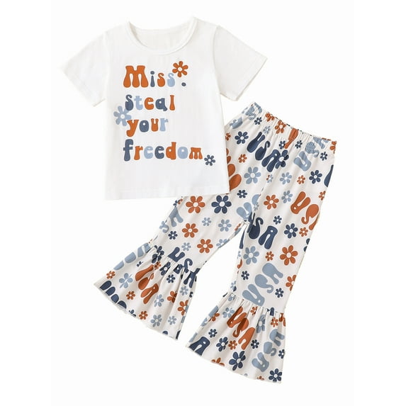 Bagilaanoe 4th of July Clothes for Toddler Baby Girls Letter Print Short Sleeve T-Shirt Tops + Flare Trousers 12M 18M 24M 3T 4T 5T Kids Independence Day Outfits 2pcs Long Pants Set