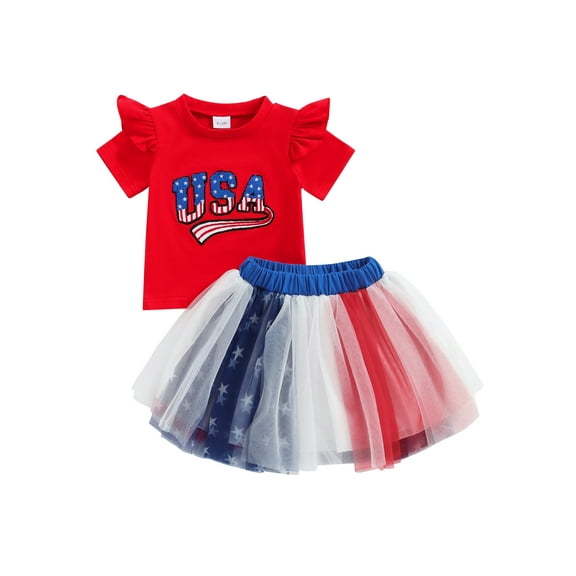 Bagilaanoe 4th of July Clothes for Toddler Baby Girls Letters Embroidery Short Sleeve Romper Tops + Tulle Skirt 12M 18M 24M 3T 4T 5T Kids 2pcs Independence Day Skirt Set