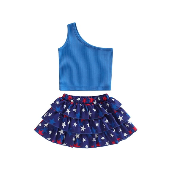 Bagilaanoe 4th of July Clothes for Toddler Baby Girls One Shoulder Sleeveless Tank Tops   Stars Ruffles Skirt 6M 12M 18M 24M 3T 4T Kids 2pcs Independence Day Skirt Set