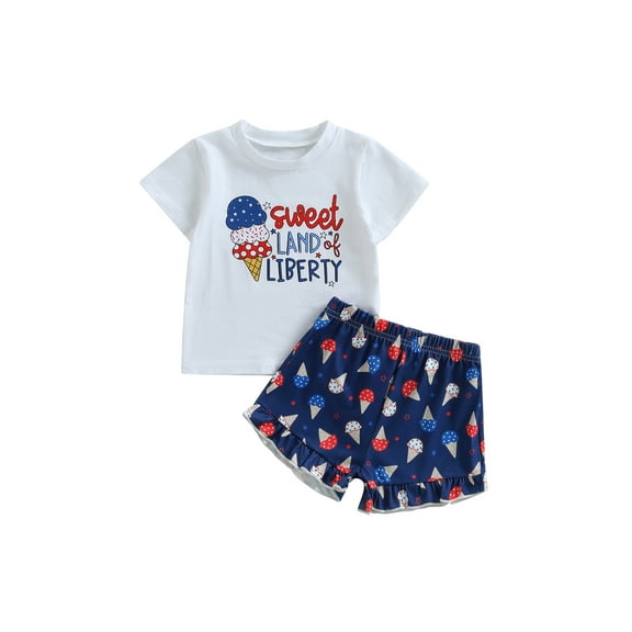Bagilaanoe 4th of July Clothes for Toddler Baby Girls Short Sleeve Letter Print T Shirt Tops + Ruffled Shorts 6M 12M 18M 24M 3T 4T Kids Independence Day Outfits 2pcs Short Pants Set