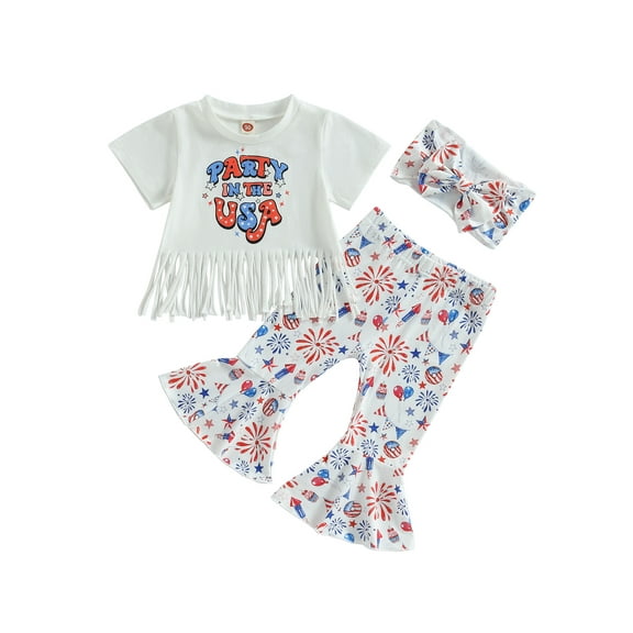 Bagilaanoe 4th of July Clothes for Toddler Baby Girls Short Sleeve Letter Print T-Shirts Tops + Flare Trousers + Headband 6M 12M 18M 24M 3T 4T Kid Independence Day Outfits 2pcs Long Pants Set
