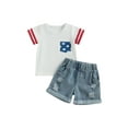 thumbnail image 1 of Bagilaanoe 4th of July Clothes for Toddler Baby Girls Short Sleeve Letter Print T-Shirts Tops + Ripped Denim Shorts 6M 12M 18M 24M 3T 4T Kids Independence Day Outfits 2pcs Short Pants Set, 1 of 7