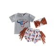 thumbnail image 1 of Bagilaanoe 4th of July Clothes for Toddler Baby Girls Short Sleeve Letter Print T-shirt Tops + Shorts + Headband 3M 6M 12M 18M 24M 3T Kids Independence Day Outfits 3pcs Short Pants Set, 1 of 8