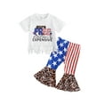 thumbnail image 1 of Bagilaanoe 4th of July Clothes for Toddler Baby Girls Short Sleeve Letter Print T-shirt Tops + Striped Leopard Flare Trousers 6M 12M 18M 24M 3T 4T Kids Independence Day Outfits 2pcs Long Pants Set, 1 of 9