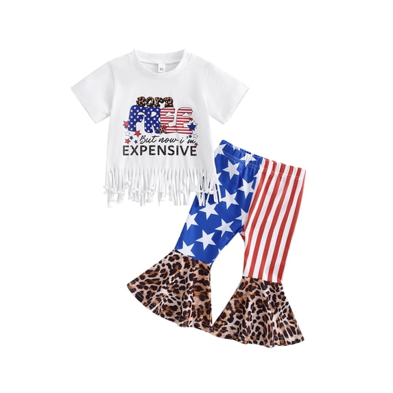 Bagilaanoe 4th of July Clothes for Toddler Baby Girls Short Sleeve Letter Print T-shirt Tops + Striped Leopard Flare Trousers 6M 12M 18M 24M 3T 4T Kids Independence Day Outfits 2pcs Long Pants Set