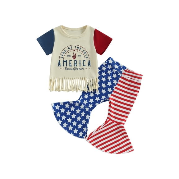 Bagilaanoe 4th of July Clothes for Toddler Baby Girls Short Sleeve Letter Print Tassel T-Shirts Tops + Flare Trousers 12M 18M 24M 3T 4T 5T Kids Independence Day Outfits 2pcs Long Pants Set