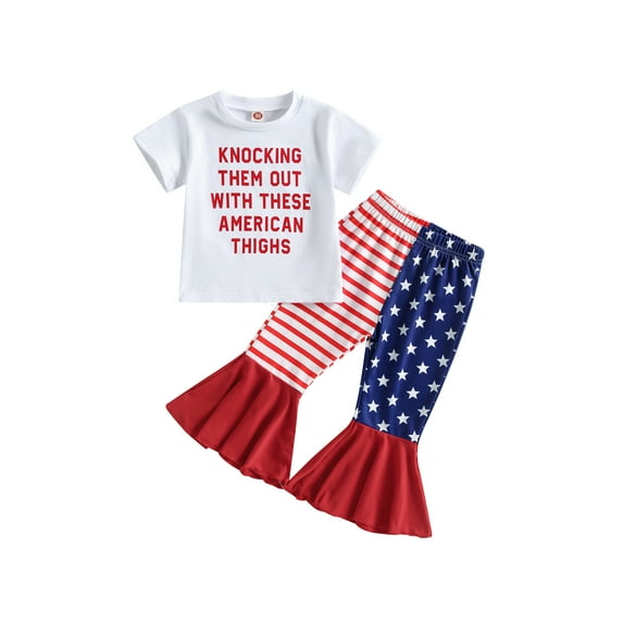 Bagilaanoe 4th of July Clothes for Toddler Baby Girls Short Sleeve Letters Print T-shirt Tops + Star Flare Trousers 9M 12M 18M 24M 3T 4T Kids Independence Day Outfits 2pcs Long Pants Set