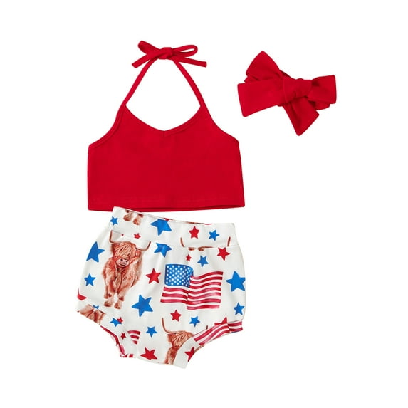 Bagilaanoe 4th of July Clothes for Toddler Baby Girls Sleeveless Backless Vest Tops + Stars Shorts + Hairband 6M 12M 18M 24M 3T Kids Independence Day Outfits 3pcs Short Pants Set