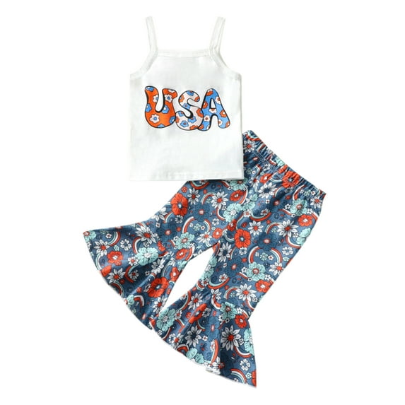 Bagilaanoe 4th of July Clothes for Toddler Baby Girls Sleeveless Letter Print Tank Tops + Floral Flared Trousers 6M 12M 2T 3T 4T 5T Kids Independence Day Outfits 2pcs Long Pants Set
