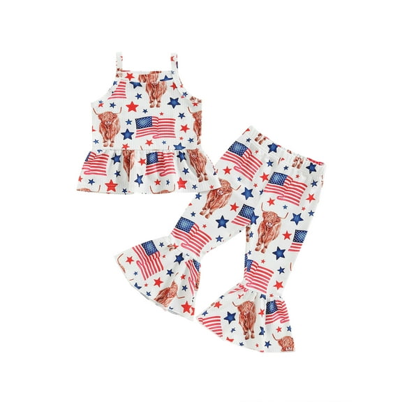 Bagilaanoe 4th of July Clothes for Toddler Baby Girls Sleeveless Print Vest Tops + Flare Trousers 6M 12M 18M 24M 3T 4T Kids Independence Day Outfits 2pcs Long Pants Set